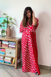 Red Bandhani Silk Kaftan Dress