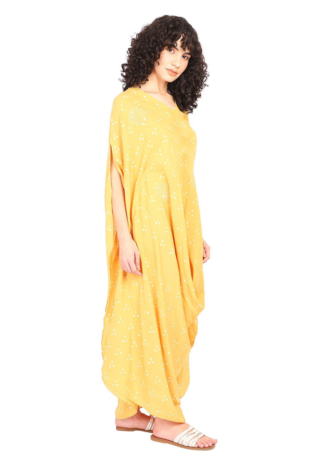 Mustard Yellow Bandhani Drape Dress