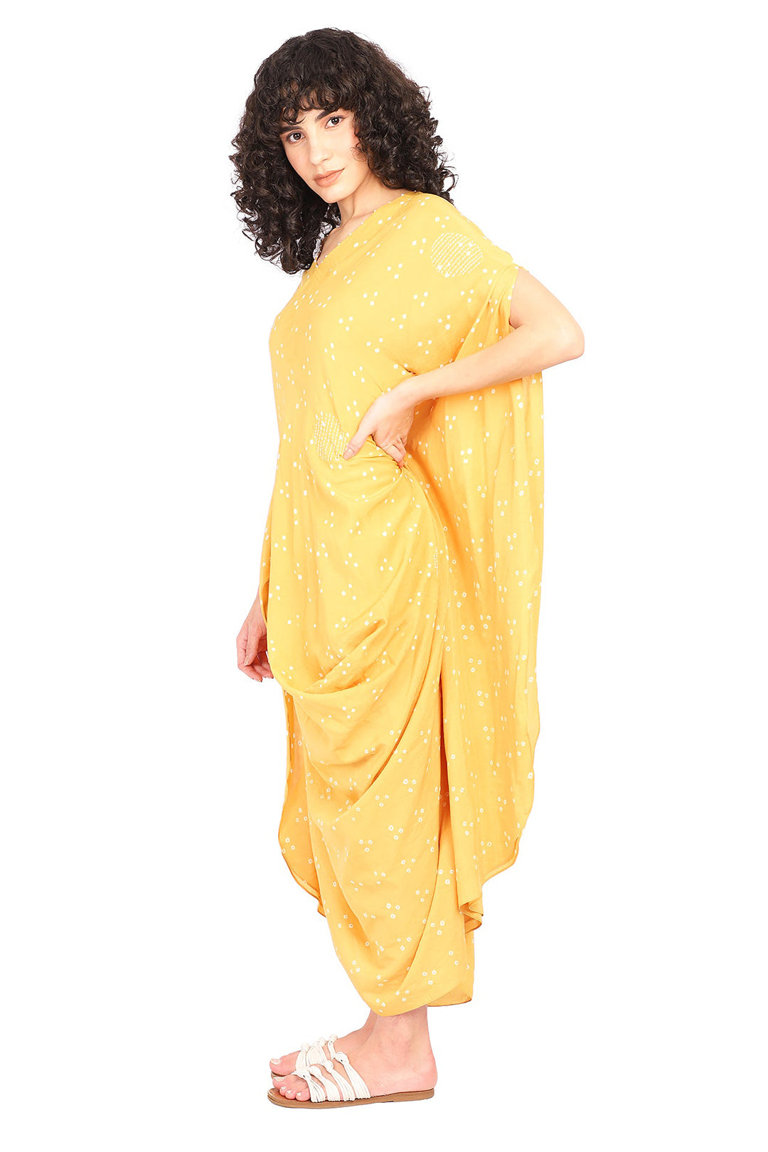 Mustard Yellow Bandhani Drape Dress