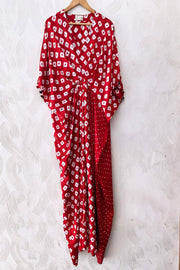 Red Bandhani Silk Kaftan Dress