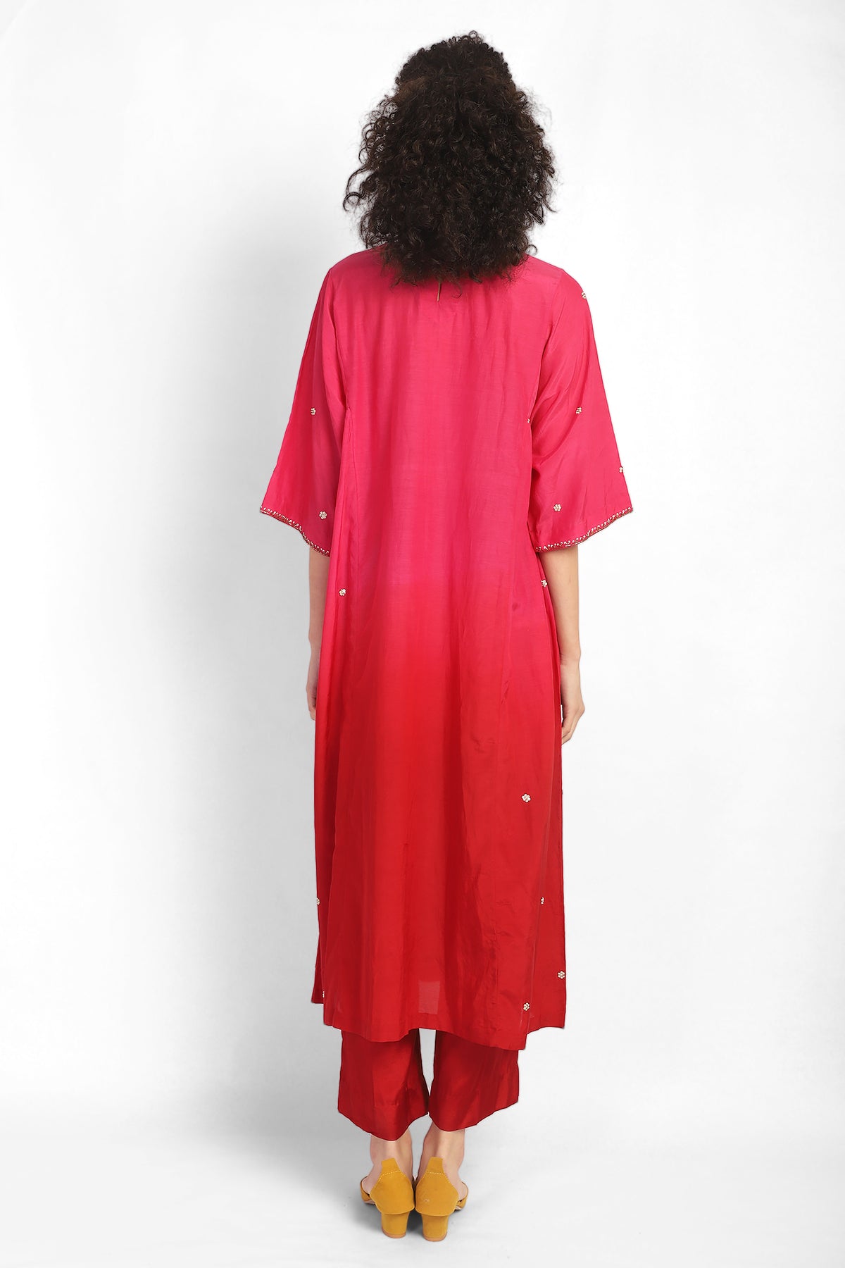 Pink And Red Ombre Hand Embroidered Jaal Work Kurta Set. Comes With Pants In The Same Colour