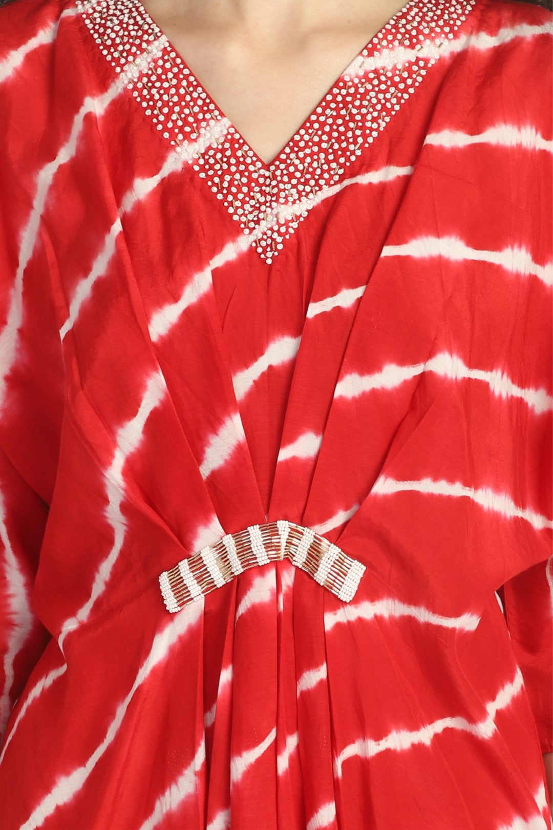 Hand Done Leheriya Stripes Kaftan Dress With Hand- Embroidery
