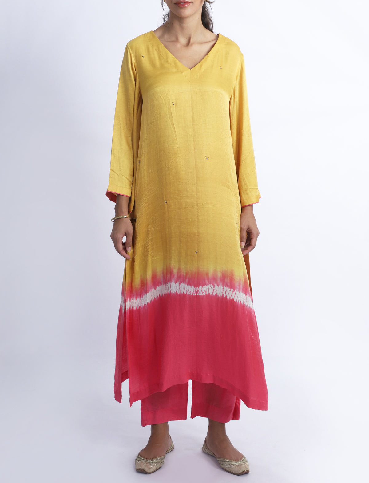 Mustard And Pink Silk Kurta Co-Ord With Duppata