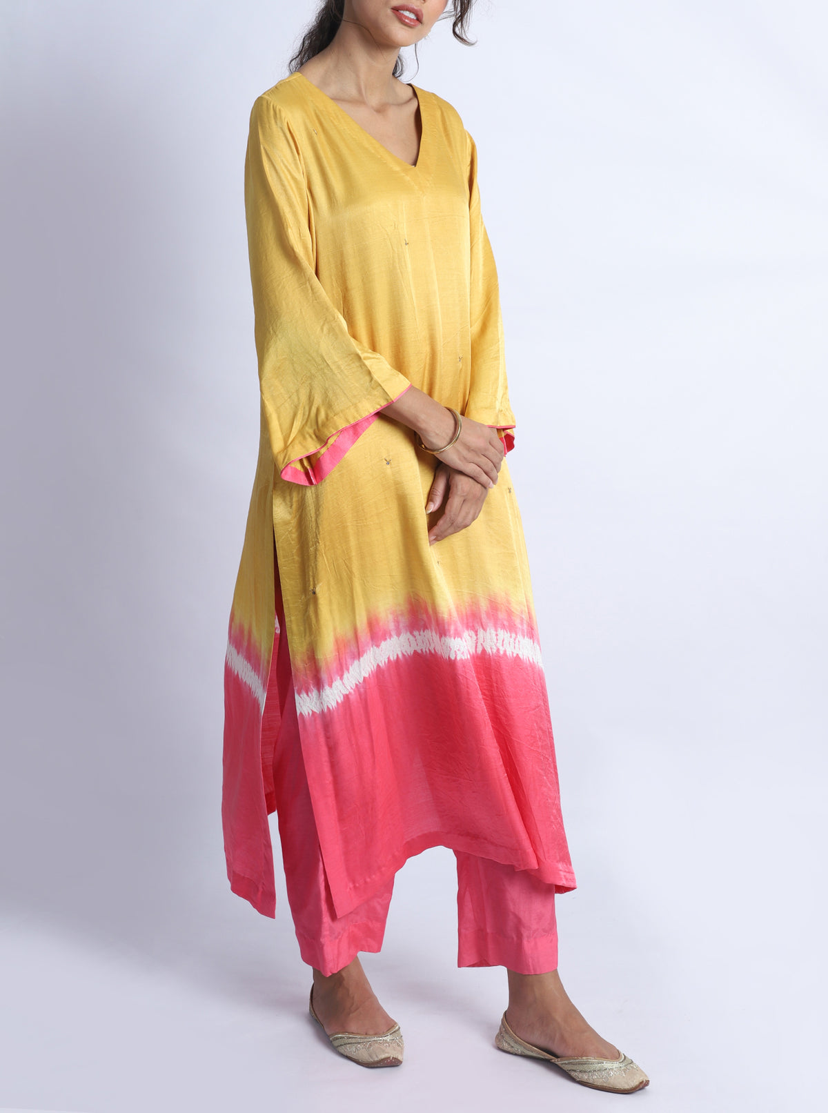 Mustard And Pink Silk Kurta Co-Ord With Duppata