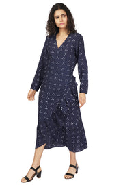 Blue Bandhani Ruffle Wrap Dress