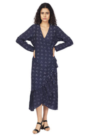 Blue Bandhani Ruffle Wrap Dress