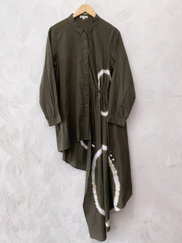 Olive Green Shibori Asymmetrical Shirt Dress