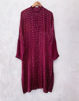 Wine Silk Bandhani Long Kurta Set