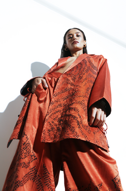 Silk Hand Done Bandhani Rust Blazer Set