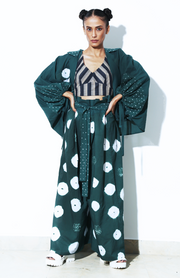 Green Shibori Cotton Paper Bag Waist Pants