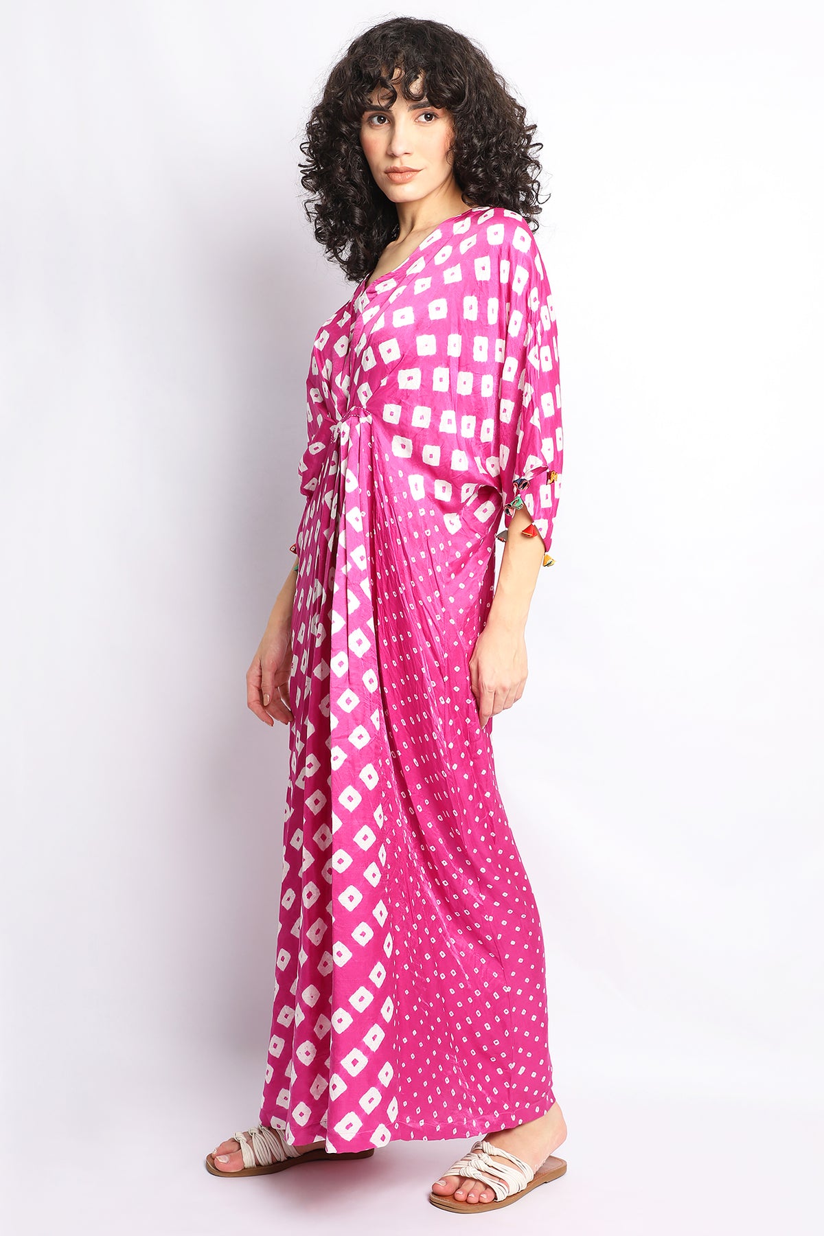 Pink Bandhani Silk Kaftan Dress