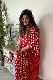 Red Bandhani Silk Kaftan Dress