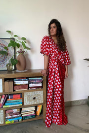 Red Bandhani Silk Kaftan Dress