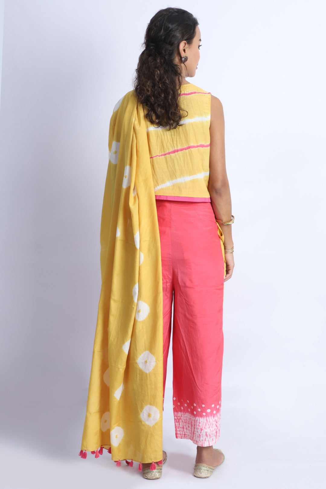 Mustard Pink Bandhani Drape Pants Saree And Blouse