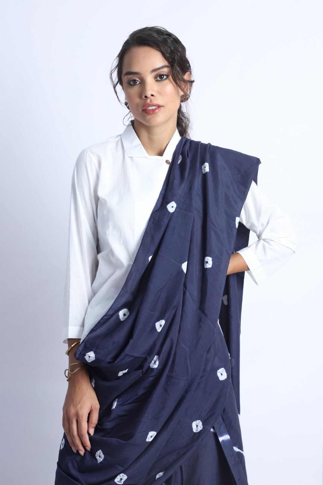Blue Bandhani Drape Pants Saree with White Blouse