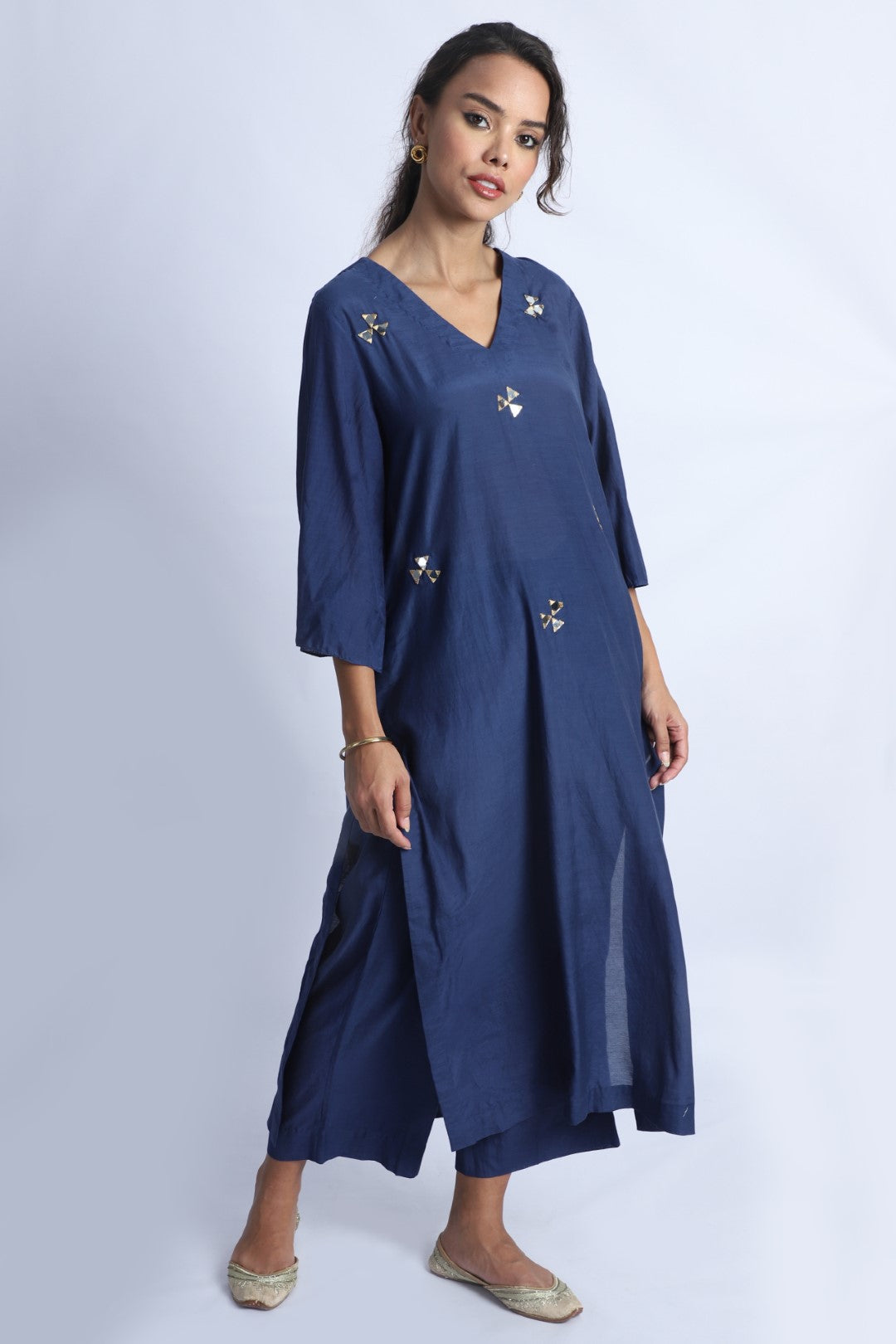 Indigo Blue Mirror-Work Kurta Co-Ord (Without Duppata)