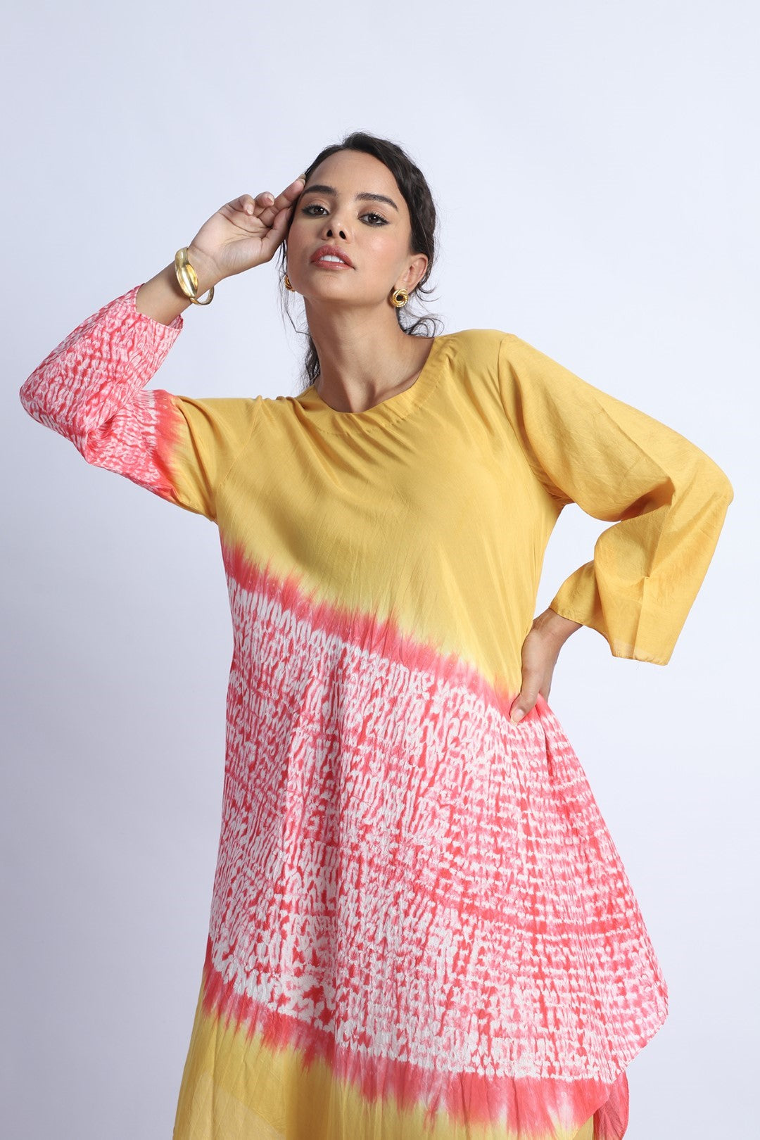 Mustard And Pink Shibori Kurta Set