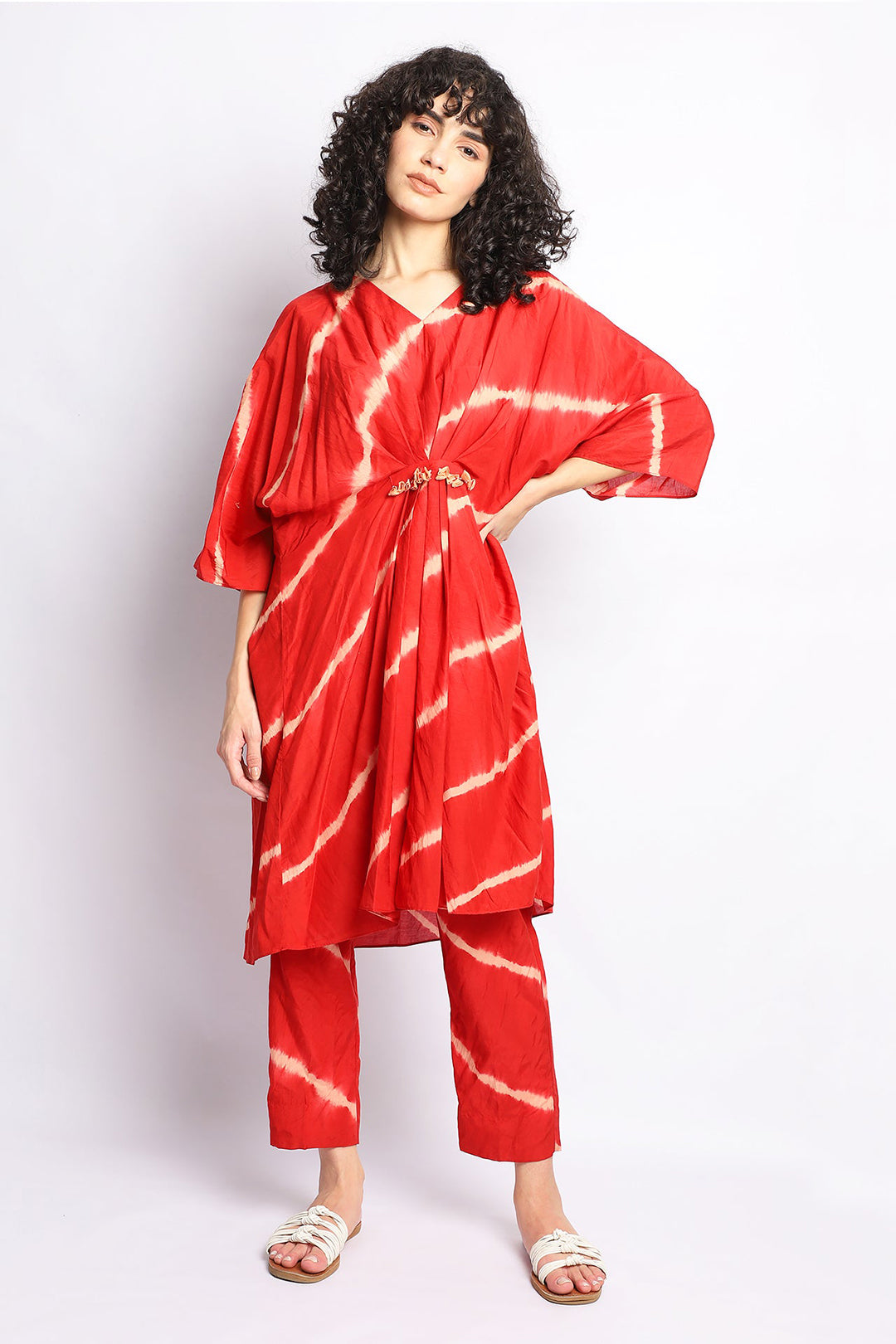 Red And Beige Handdone Shibori Stripes Kurta Co-Ord