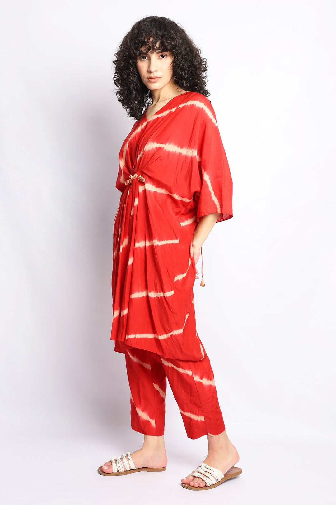 Red And Beige Handdone Shibori Stripes Kurta Co-Ord