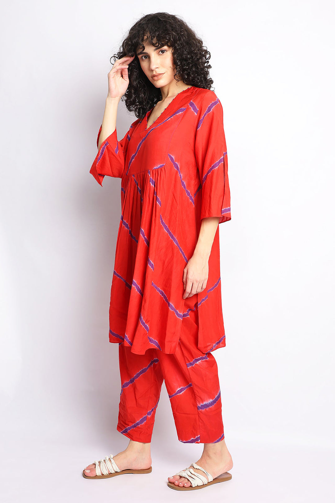 Red And Purple Handdone Shibori Stripes Kurta Co-Ord