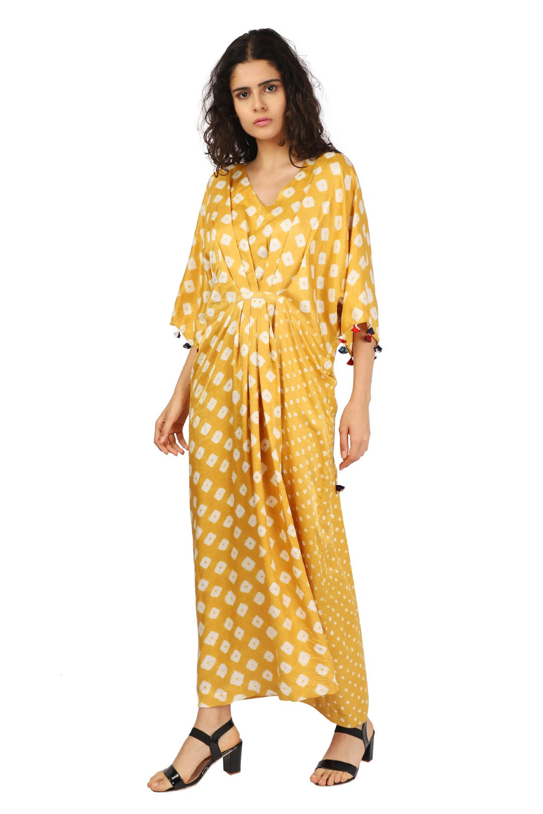 Mustard Bandhani Silk Kaftan Dress