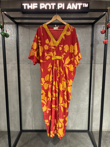 Red Floral Embroidered Kaftan Dress