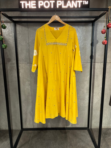 Yellow Hand Done Shibori Hand Embroidered Flared Kurta Set