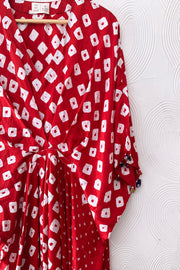 Red Bandhani Silk Kaftan Dress