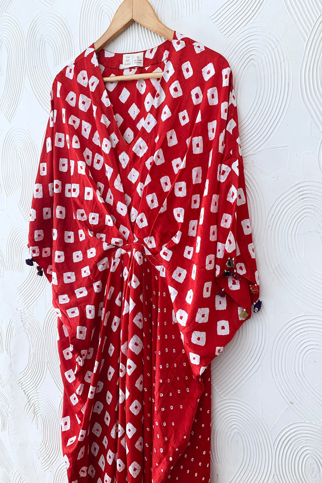 Red Bandhani Silk Kaftan Dress