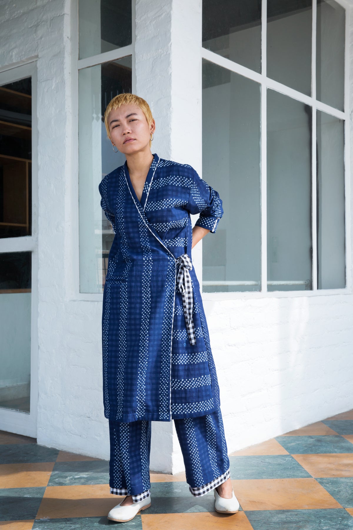 Indigo Bandhani Stripes Kimono Dress