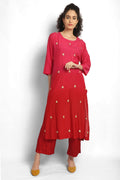 Pink And Red Ombre Hand Embroidered Kurta Set