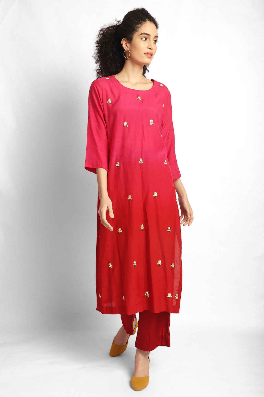 Pink And Red Ombre Hand Embroidered Kurta Set. Comes With Red Pants