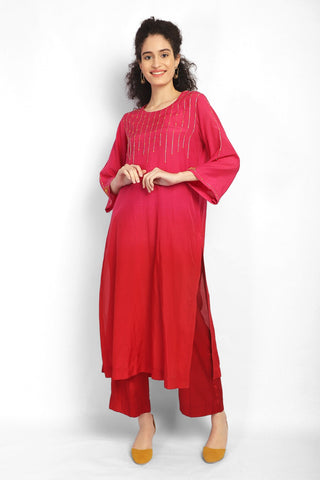 Red And Pink Ombre Hand Embroidered Kurta.