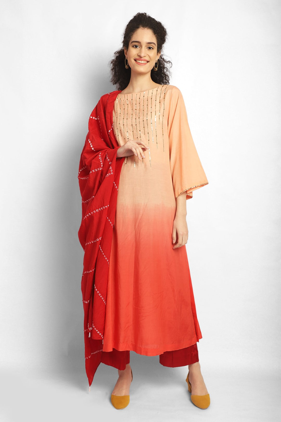 Yellow And Brown Ombre Hand Embroidered Kurta.