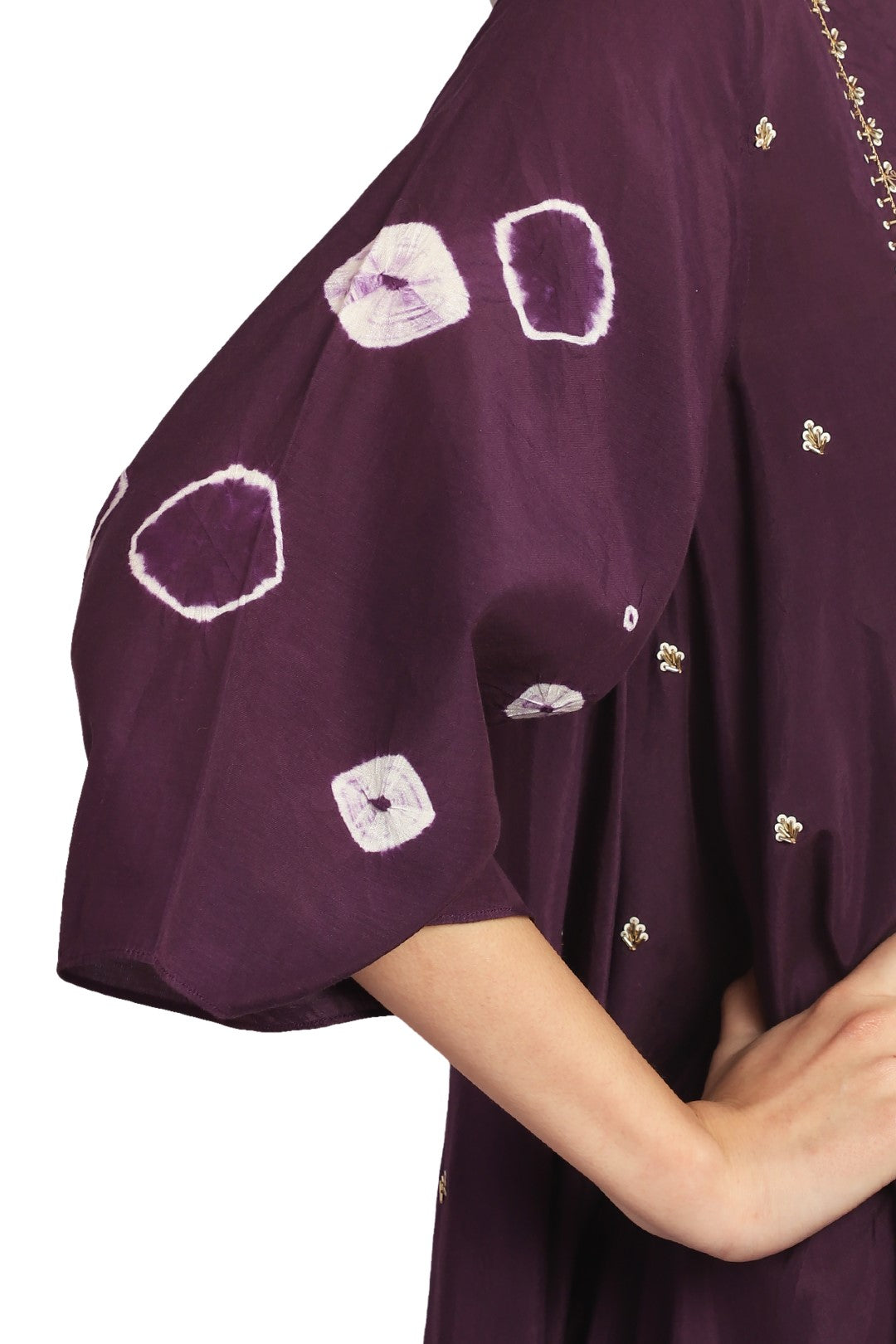 Purple Hand Done Shibori Hand Embroidered Flared Kurta Set.