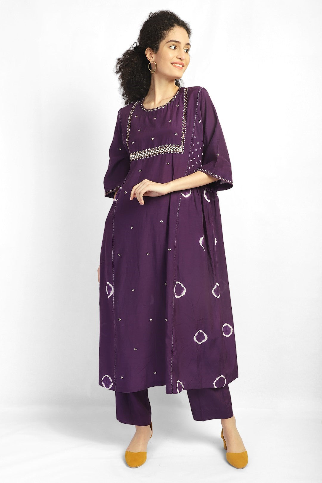 Purple Hand Done Bandhani With Yoke Hand Done Embroidery