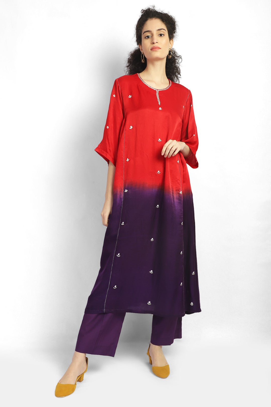 Red And Purple Hand Embroidreed Silk Kurta Set.