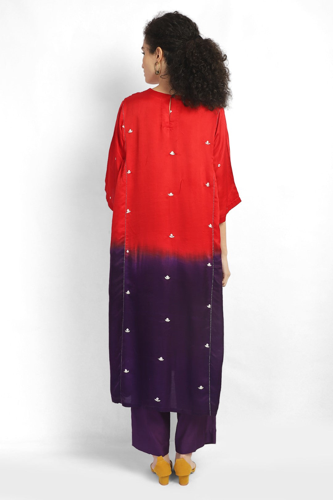 Red And Purple Hand Embroidreed Silk Kurta Set.