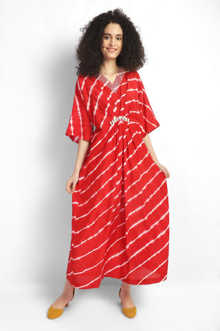Hand Done Leheriya Stripes Kaftan Dress With Hand- Embroidery
