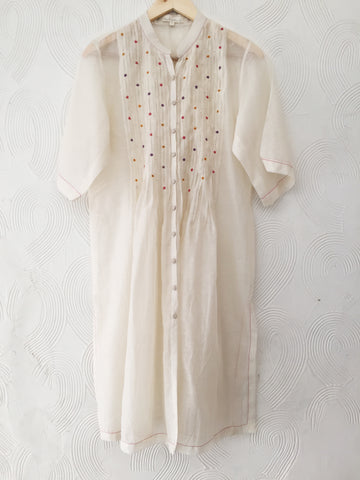Handwoven Chanderi Pleated Kurta With Floral Hand Embroidery Set