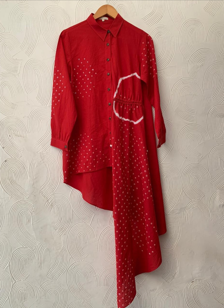 Red Bandhani And Shibori Asymmetrical Shirt Dress