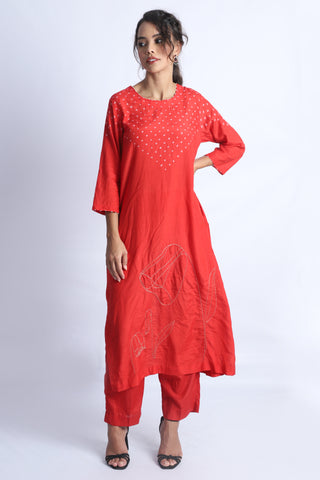 Red Bandhani Neckline And Embroidery Kurta Set