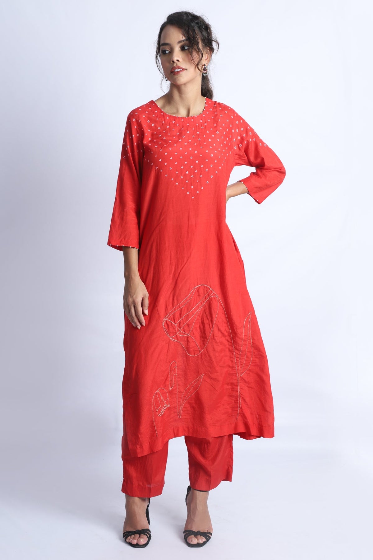 Red Bandhani Neckline And Embroidery Kurta Set With Dupatta