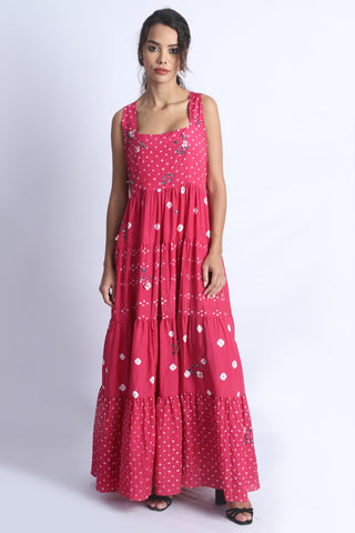 Pink Hand-Embroidered Bandhani Maxi Dress