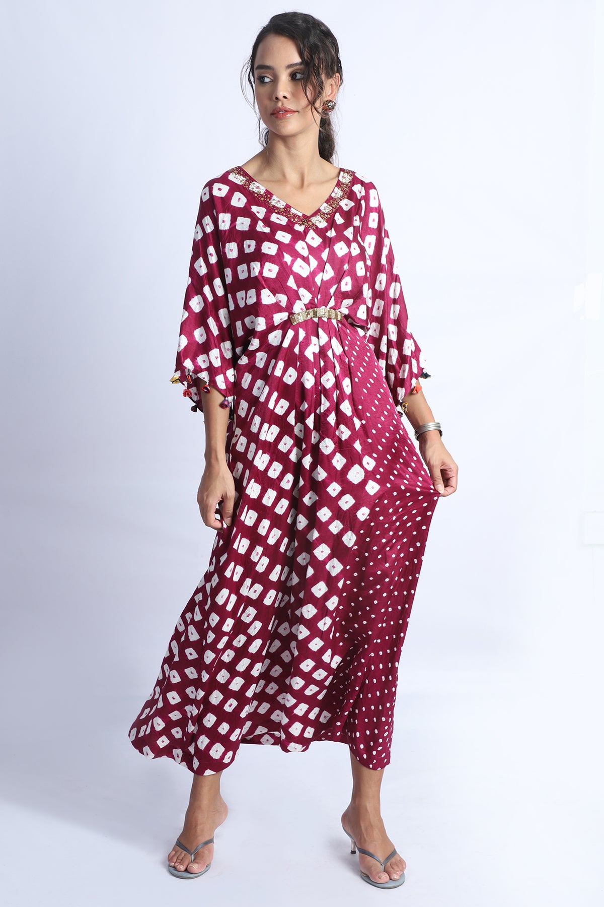 Wine Bandhani Silk Drape Dress