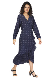 Blue Bandhani Ruffle Wrap Dress