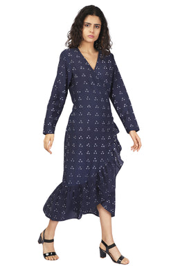 Blue Bandhani Ruffle Wrap Dress