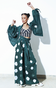 Green Shibori Cotton Paper Bag Waist Pants