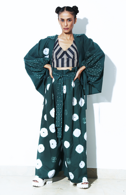 Green Shibori Cotton Paper Bag Waist Pants