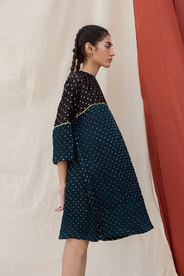 Teal Hand Done Bandhani Anti-Fit Dress